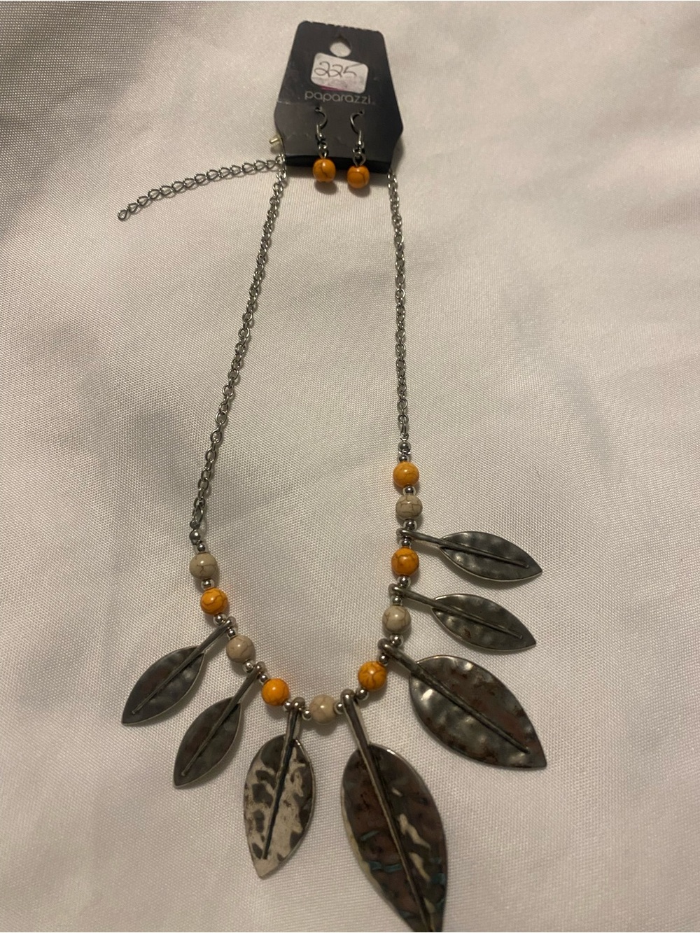 paparazzi Orange and Beige Bead Leaf Pendant Necklace Set